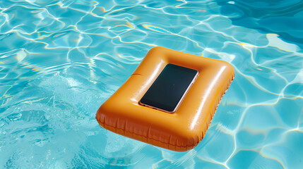 Wall Mural - Orange lifebuoy floating in swimming pool ,Inflatable  mobile phone on ring floating in swimming pool