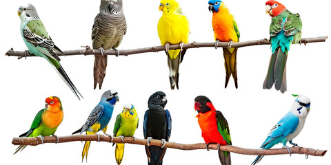 Beautiful multi colored parrots in nature A vibrant flock of tropical birds perched on branches.

