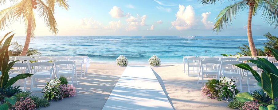 A beautiful beach wedding ceremony is taking place. The sun is shining, the waves are crashing, and the sand is white. The bride and groom
