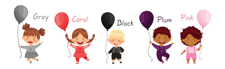 Wall Mural - Cheerful Kids Holding Balloons of Different Colors Vector Set