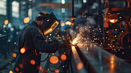 Wall Mural - The welding engineer oversees the skilled workers as they ignite sparks along the steel and iron product line, the mesmerizing bokeh of the factory machinery