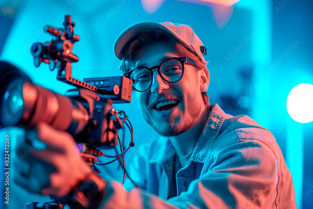 Content creator blogger man recording a video with glasses and a video ...