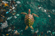 © Petr - Aerial view of ocean waters littered with floating plastic debris, showing a turtle entangled in plastic bags and fishing nets.. AI generated.