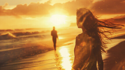 Wall Mural - A woman and a man are walking on the beach