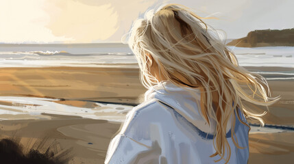 Wall Mural - A woman with blonde hair stands on a beach, looking out at the ocean