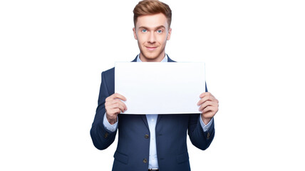 Smiling businessman with blank advertising board isolated on transparent png background.