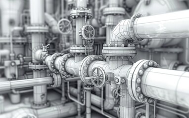 Complex network of industrial pipes and valves in a monochrome sketch.