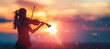 © Катерина Євтехова - a close-up image of a violinist's silhouette, with the bow poised over the strings and the musician's form set against a beautifully blurred sunset sky, the warm colors creating a