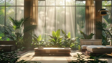 Wide-angle view of a serene, soundproof room, sunlight streams through large windows, modern furniture, lush green plants, photorealistic, high-resolution details, soft and calm ambiance