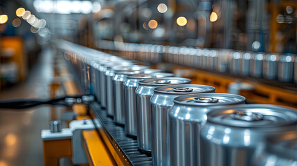Wall Mural - New aluminum cans moving along the conveyor belt in a beverage manufacturing factory. Represents the food and beverage industrial business.