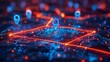 © Vladimir - Digital GPS, neon map pin location.  Innovation navigation technology concept, network connection, information pointers