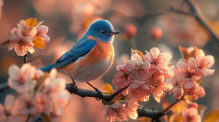 Wall Mural -  A charming bluebird perched on a branch of a blossoming apple tree, its cheerful song filling the crisp spring air.