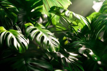 pattern lush green tropical plants with large leaves, arranged densely to create a vibrant, jungle-like