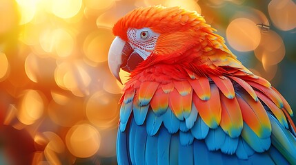 Wall Mural -  A close-up of a colorful parrot's intricate feathers, each detail sharply defined, shimmering under the golden rays of the setting sun