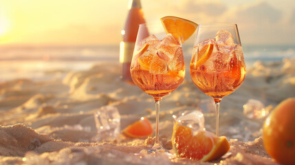 Wall Mural - Two glasses of a drink with orange slices in them are on a beach