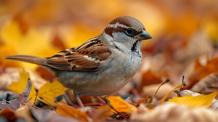 Wall Mural -  A charming sparrow perched delicately on a rustic wooden fence, its feathers ruffled by a gentle breeze, amidst a backdrop of verdant meadows.