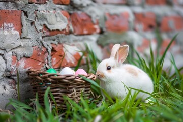 Wall Mural - A white rabbit is sitting in a basket full of eggs
