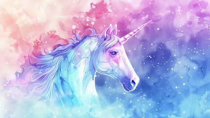 Wall Mural - whimsical blue and violet rainbow pastel unicorn in girly watercolor style on paper abstract backgro