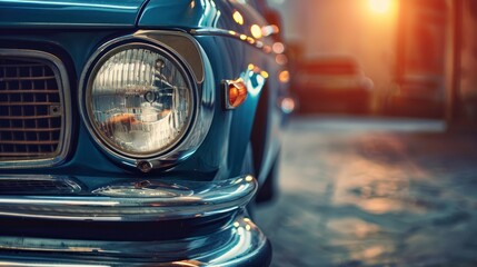 Wall Mural - the headlight of the old beautiful car on the background of a concrete wall. copy space. concept ban