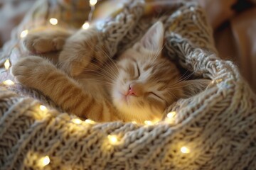 Poster - A cat is sleeping in a blanket with lights shining on it