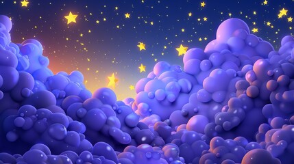 Wall Mural - Enchanting cartoon pastel purple clouds and yellow stars illuminating the night sky - whimsical 3d rendering