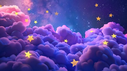 Wall Mural - Enchanting cartoon pastel purple clouds and yellow stars illuminating the night sky - whimsical 3d rendering