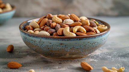 Mixed nuts in a big bowl on a table. 