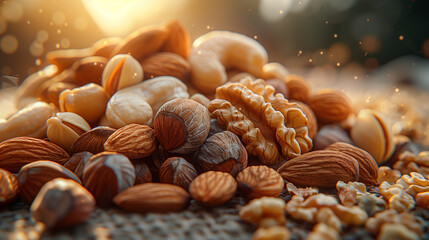 Wall Mural - Mixed nuts in a sunset atmosphere. 