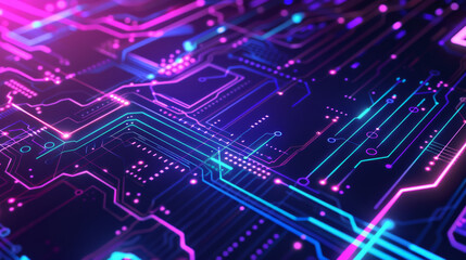 A colorful electronic circuit board with purple and blue lines