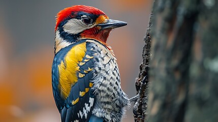 Wall Mural -  A colorful woodpecker perched on the trunk of an old oak tree, its vibrant plumage a striking contrast against the rough bark.