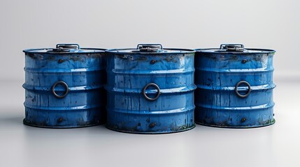 Wall Mural - 3D rendering of three blue rainwater tanks on a white background.