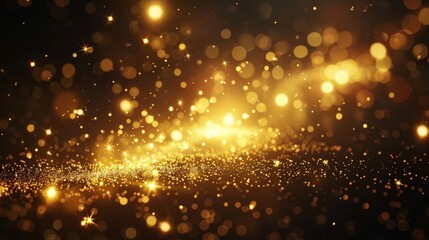 Wall Mural -  A blurred image of gold dust and stars against a black backdrop Foreground features a haze of light and a blurred cluster of gold dust and stars