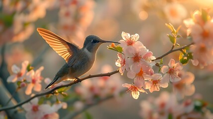 Wall Mural -  A delicate hummingbird hovering near a cluster of delicate pink blossoms on a gracefully arching willow tree branch.