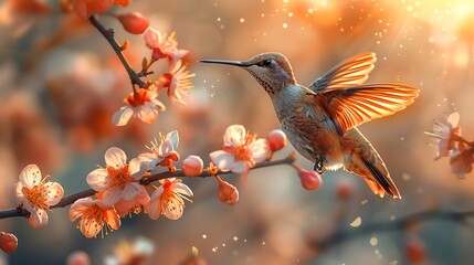 Wall Mural -  A delicate hummingbird hovering near a cluster of delicate pink blossoms on a gracefully arching willow tree branch.