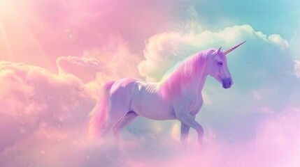 Wall Mural - Pastel rainbow unicorn fantasy: holographic background with clouds, magical landscape and abstract fabulous pattern - cute candy wallpaper for dreamy designs
