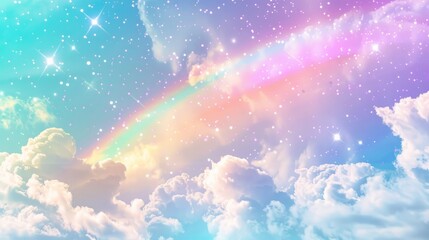 Wall Mural - Pastel rainbow unicorn fantasy: holographic background with clouds, magical landscape and abstract fabulous pattern - cute candy wallpaper for dreamy designs