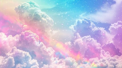 Wall Mural - Pastel rainbow unicorn fantasy: holographic background with clouds, magical landscape and abstract fabulous pattern - cute candy wallpaper for dreamy designs
