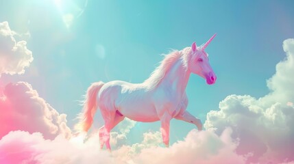 Wall Mural - Pastel rainbow unicorn fantasy: holographic background with clouds, magical landscape and abstract fabulous pattern - cute candy wallpaper for dreamy designs