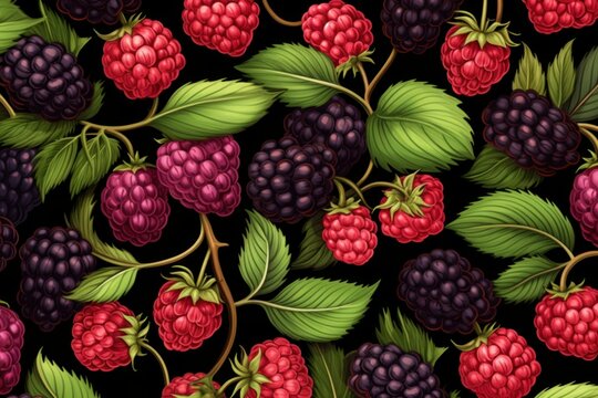 Vibrant, repeating pattern of ripe blackberries and raspberries with lush green leaves on a dark background