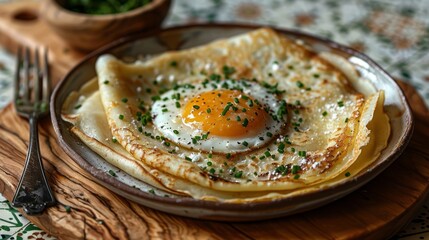 Crepe dish with finely chopped chives and topped with a perfectly cooked fried egg in the center. The crepe is artfully placed on a rustic wooden plate, which on white ceramic tile table beneath it. 