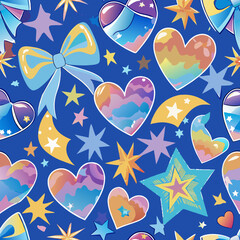 Wall Mural - Seamless Tie Dye Hearts and Stars Scatter Pattern