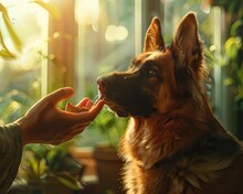 A German Shepherd Attentively Looks At A Hand Offering A Treat, With Soft Morning Sunlight Filtering Through Nearby Windows.