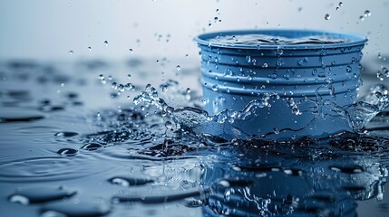 Blue plastic water barrel and water drop on a white background, 3D render.
