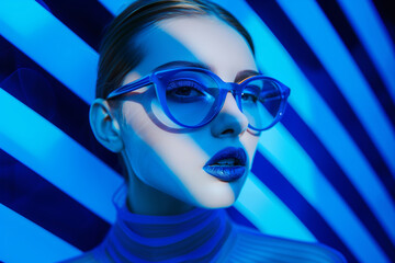 Wall Mural - A model poses with an intense expression, highlighted by bold blue stripes and reflective glasses