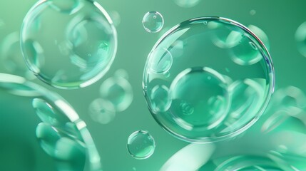 Wall Mural -  A clear close-up of numerous bubbles against a green and white backdrop Overlaid, a slightly blurred image of additional bubbles on the same green and white background