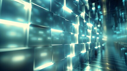 Wall Mural -  A room featuring a wall adorned with cubes in its center, lit by fixtures on the wall's sides