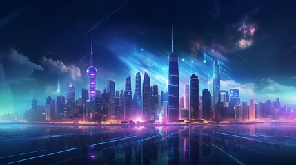 Wall Mural - Panoramic view of a futuristic city with skyscrapers illuminated by neon lights at night,