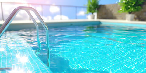 A turquoise swimming pool glistens in the sun, inviting swimmers to dive in and cool off