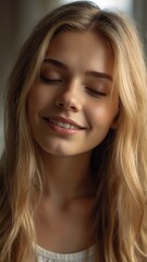 Canvas Print - Portrait of beautiful smiling blonde woman with long hair and closed eyes, sunlight ray, beautiful hairstyle, different pose, blurred bedroom background