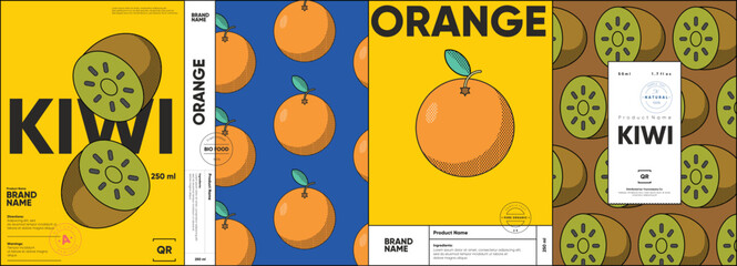 Set of labels, posters, and price tags features line art designs of fruits, specifically kiwis and oranges, in a vibrant, minimalistic style.